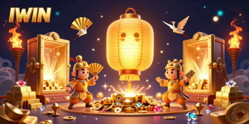 IWIN showcases a vibrant casino scene with a glowing golden lantern spirit and colorful characters, creating a rich gambling atmosphere.