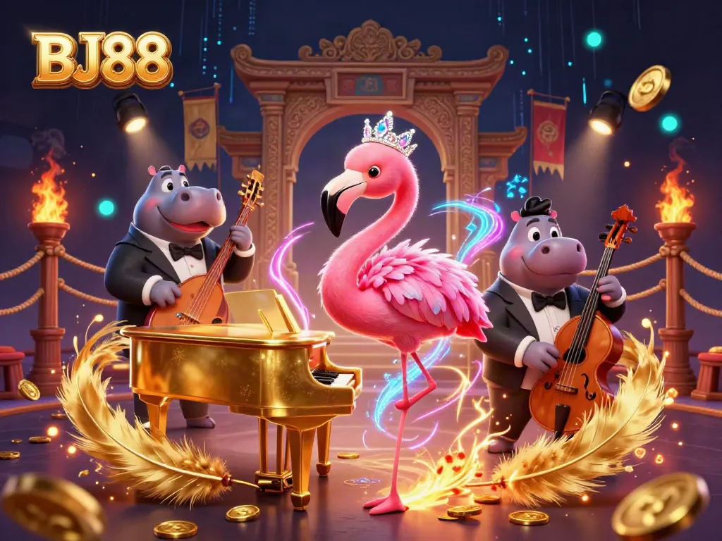 BJ88 casino vibrant illustration with singing flamingo and hippo bassist amidst gold coins.