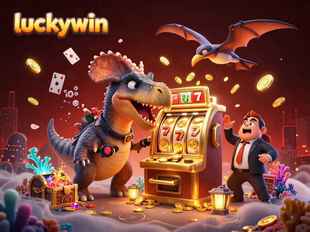 Experience thrilling jackpots with Luckywin's exciting 3D gambling scene featuring playful dinosaurs.