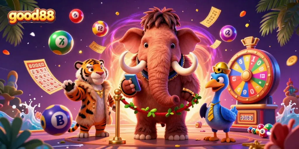 Experience the vibrant world of good88, featuring a lively casino scene with dynamic lottery elements and characters.