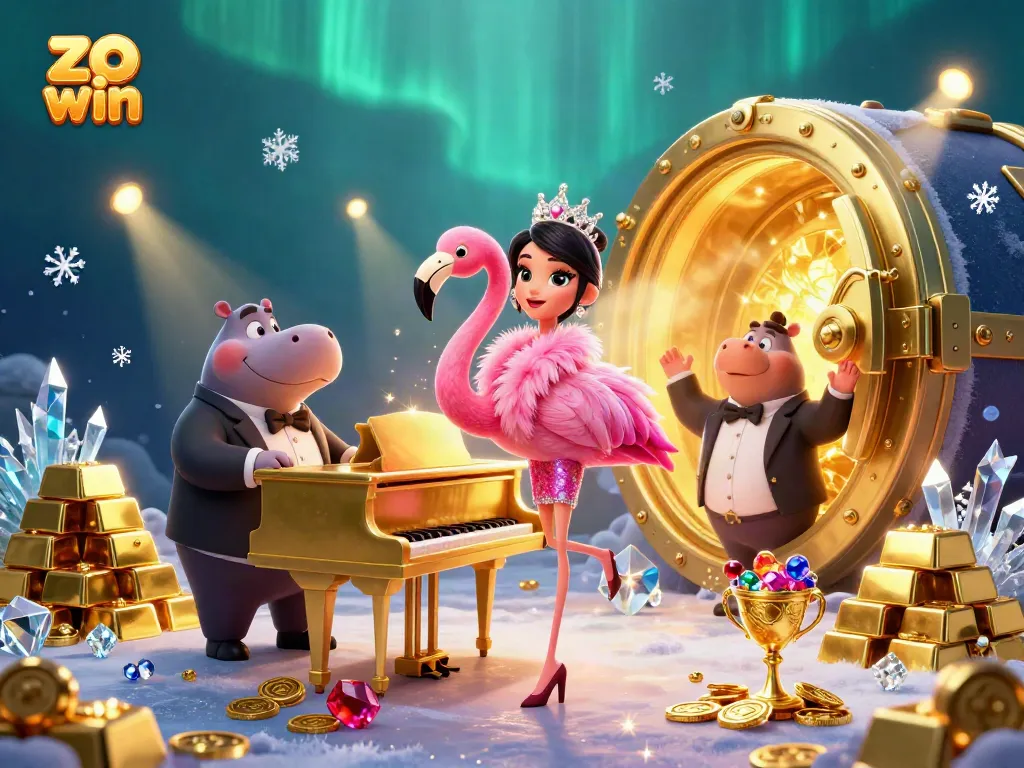 Experience luxurious gaming at zo win with a vibrant casino scene featuring colorful characters, slot reels, and gleaming treasures.