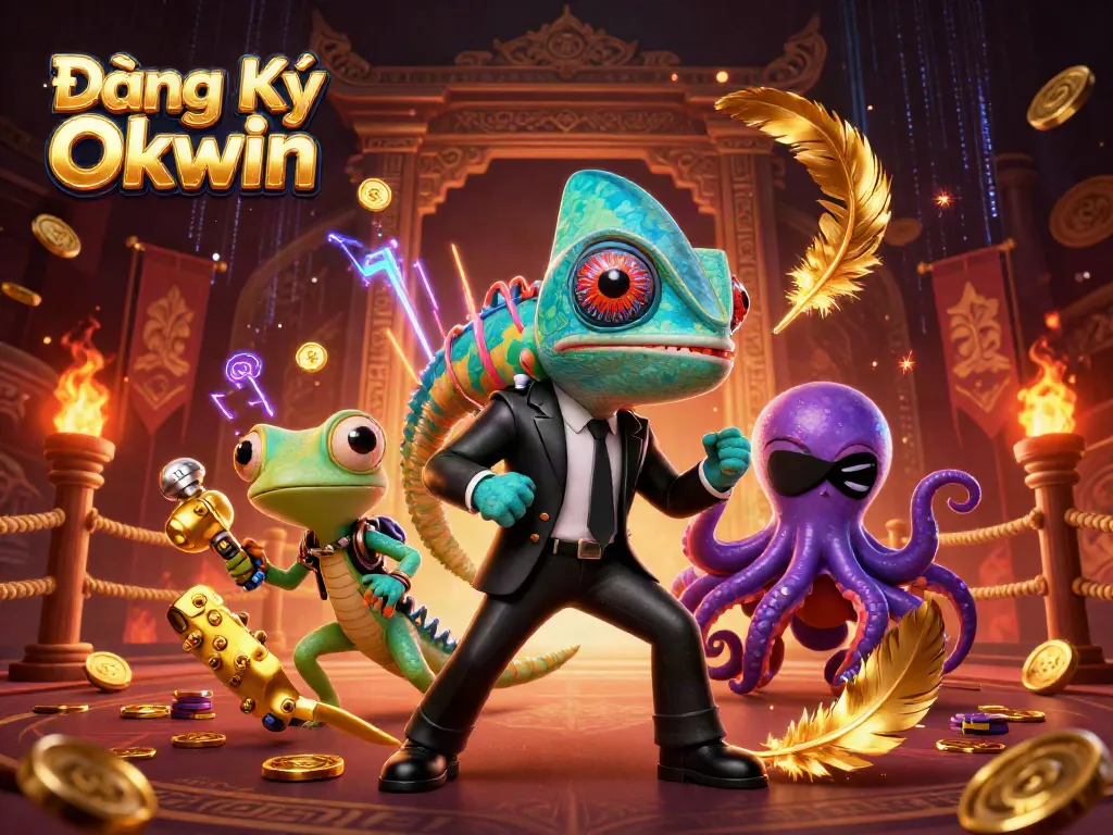 Experience thrilling casino adventures with Đăng Ký Okwin at the center of a colorful gaming scene.