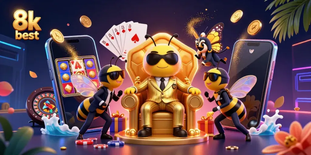Join the 8k best bumblebee mob boss in a vibrant casino scene with colorful slot games and poker chips.