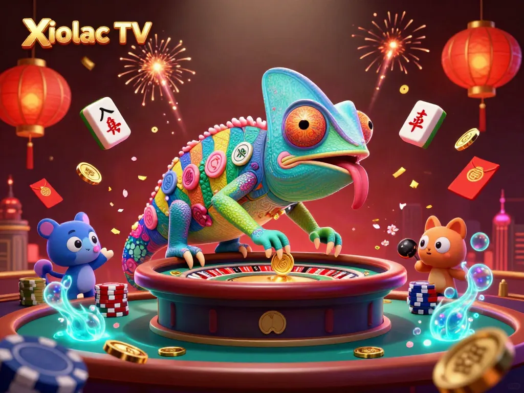 Experience Xoilac TV's vibrant casino scene with a chameleon owner amid colorful gaming elements.