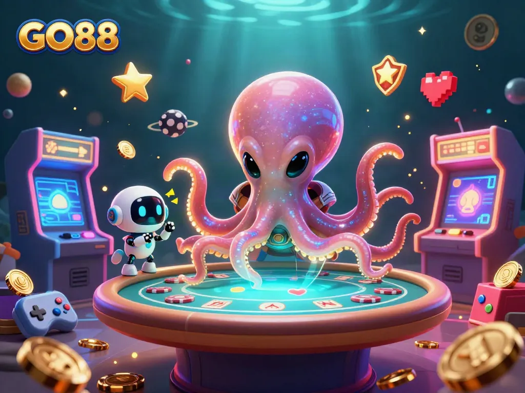 Join the excitement at GO88 with a vibrant 3D casino scene featuring an alien octopus at the poker table.