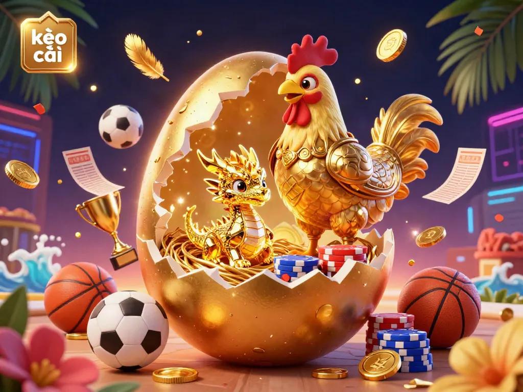 Experience exciting sports betting with kèo nhà cái in an engaging 3D scene, showcasing dynamic elements and a golden dragon.