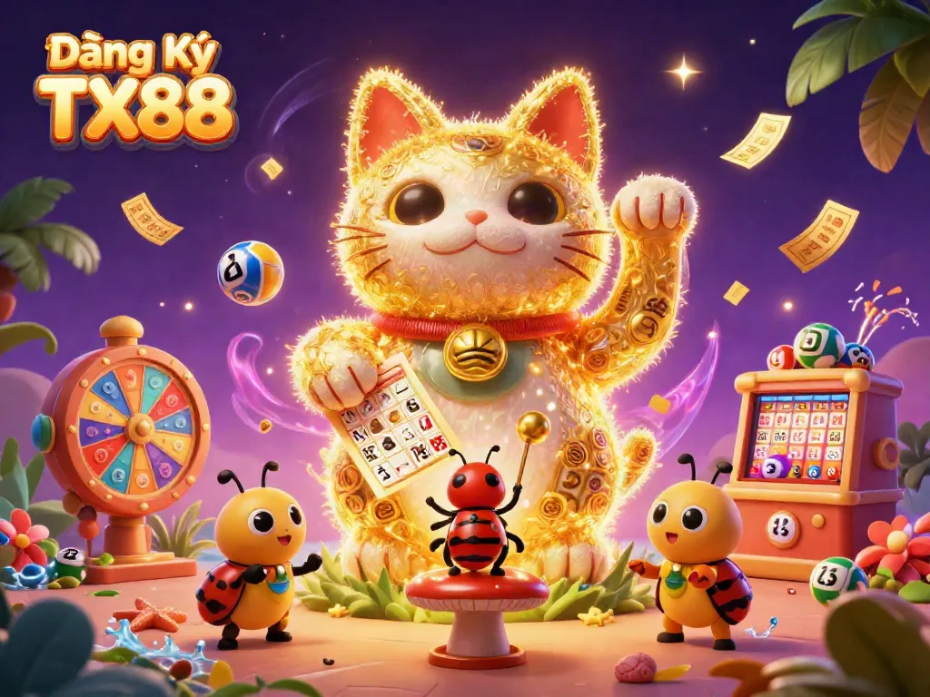 Engage in the thrill of Đăng Ký TX88 with a vibrant scene of a lucky cat and lottery elements.