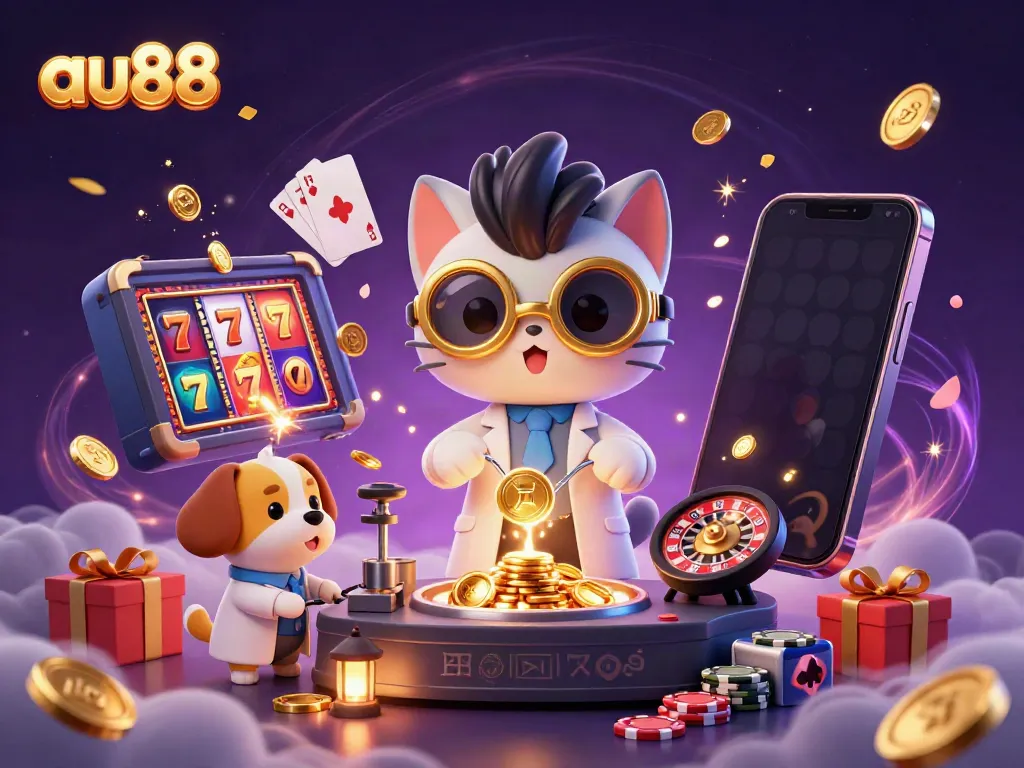 Spin to win with au88's vibrant and dynamic gambling scene featuring a mad scientist cat!