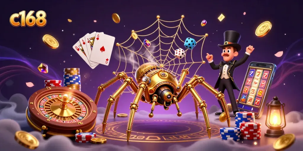 Catch winning moments with c168 - a thrilling steampunk casino adventure featuring golden coins and poker elements.