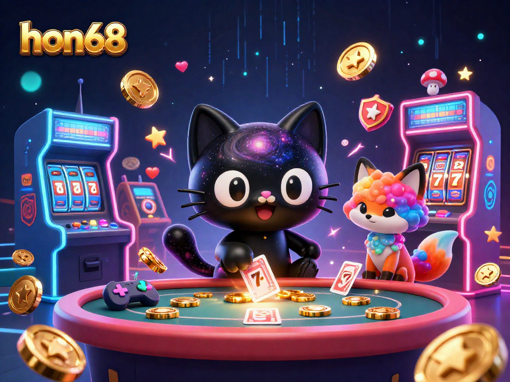 hon68 engages players at a cosmic casino table, pulling in golden chips in a vibrant, colorful scene