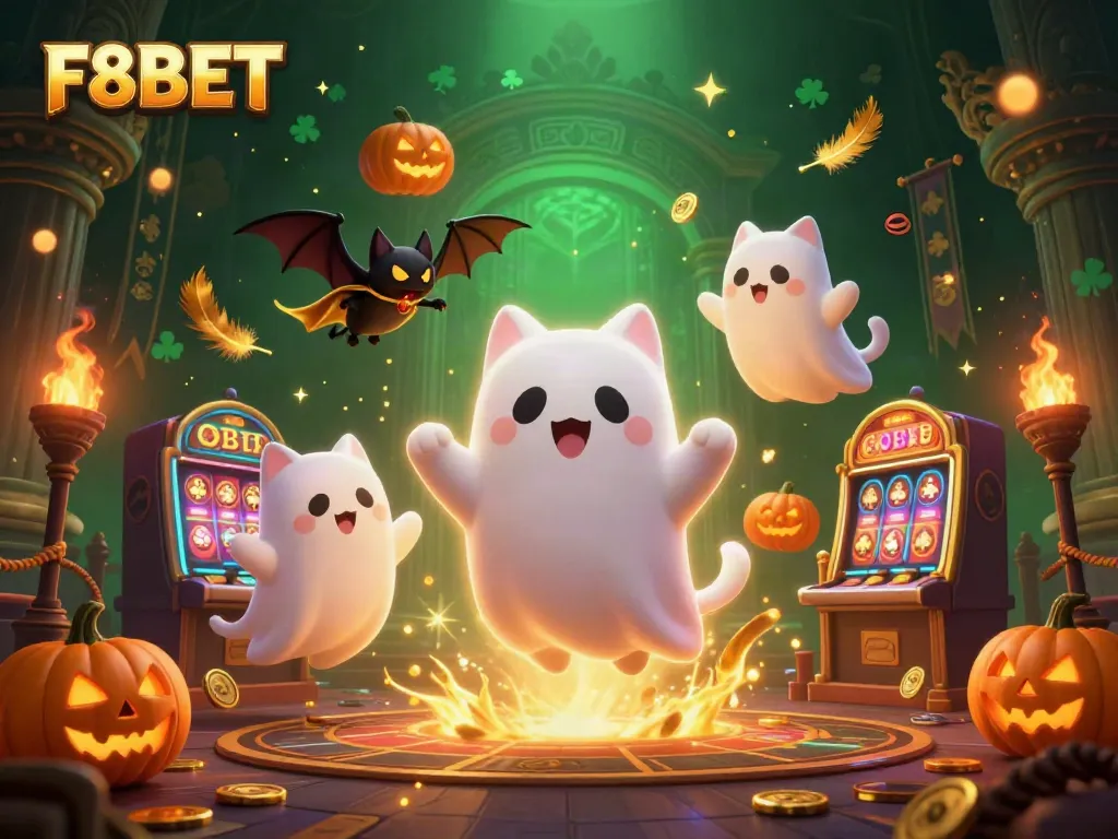 Experience an exciting casino adventure with F8BET featuring a friendly ghost cat and a vampire bat surrounded by glowing jack-o-lanterns.