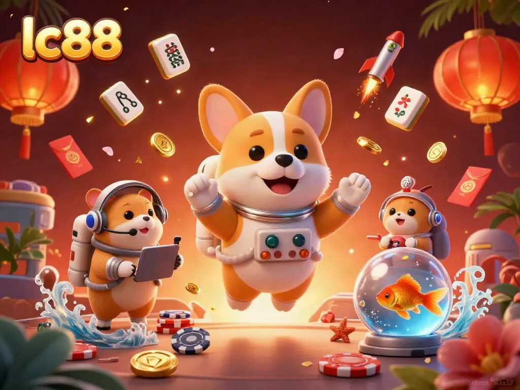 Experience excitement at lc88 with a playful scene featuring a floating casino, poker chips, and whimsical characters.