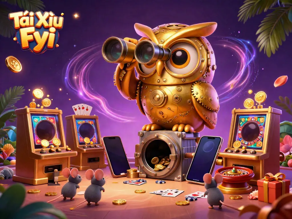 Tài Xỉu Fyi showcases an exciting casino scene featuring a golden clockwork owl and miniature patrons with vibrant gaming elements.