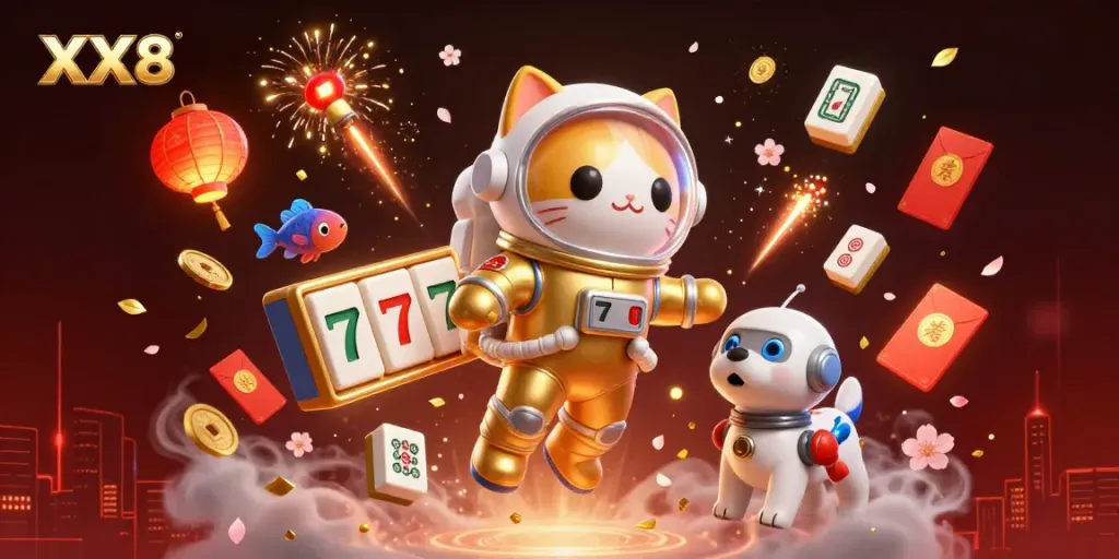 Experience exciting gambling action at XX8 with unique slot reels and vibrant illustrations.