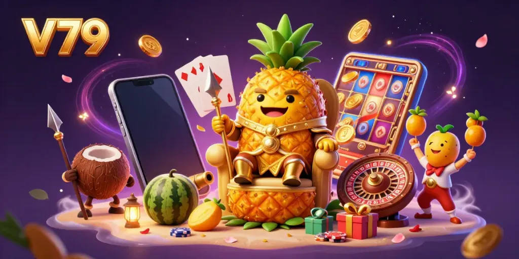 Experience the vibrant slot gaming scene at V79 with a pineapple king, game elements, and energetic casino atmosphere.