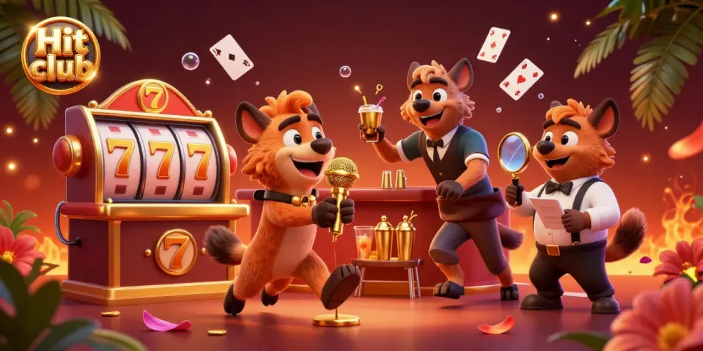 Experience the vibrant Hit club, featuring hyenas as casino staff in a colorful and dynamic setting.