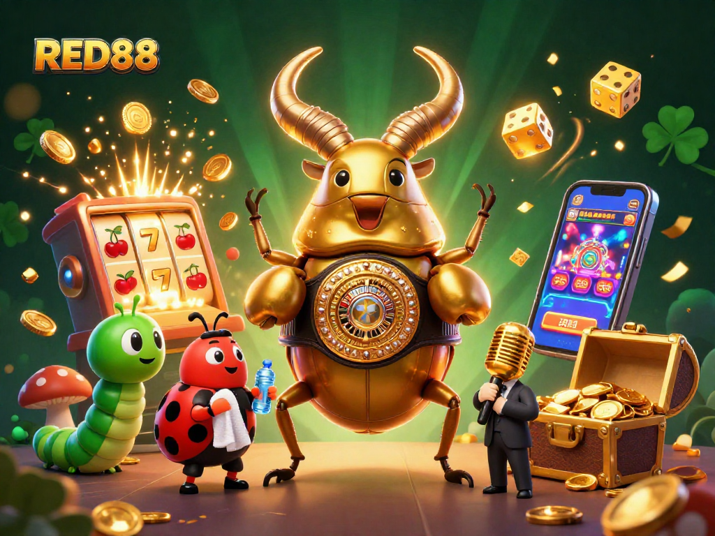 Experience the excitement of RED88 with a dynamic casino battle scene featuring cartoon characters and slot machines.