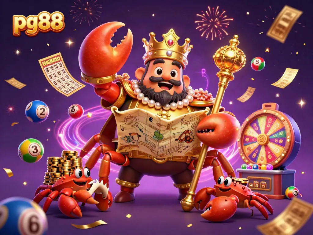 Join the excitement with pg88's vibrant casino scene featuring a golden crab emperor amidst dynamic lottery elements.