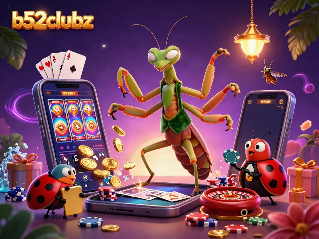 Bets on b52clubz become lively with 3D mantis dealer handling cards in a festive casino scene.