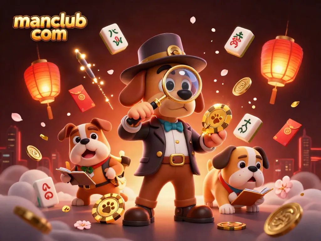 Join the excitement at manclub com with the detective uncovering a golden poker chip amidst vibrant casino elements.