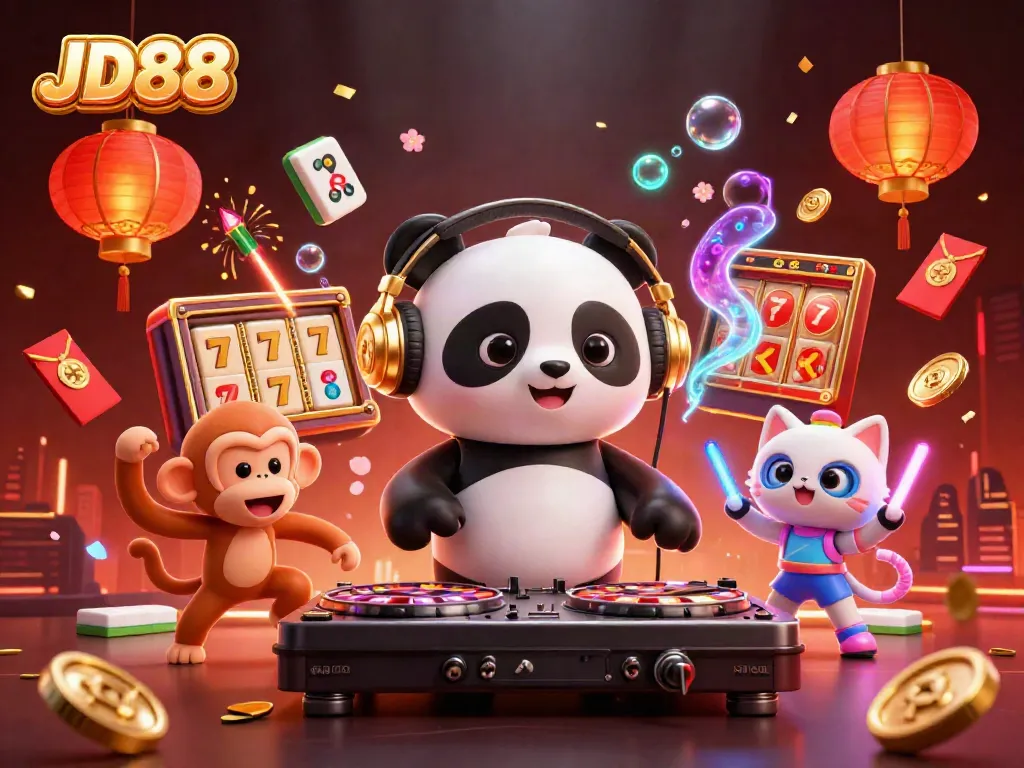 Experience the excitement at JD88 with a vibrant 3D illustration showcasing thrilling casino elements.