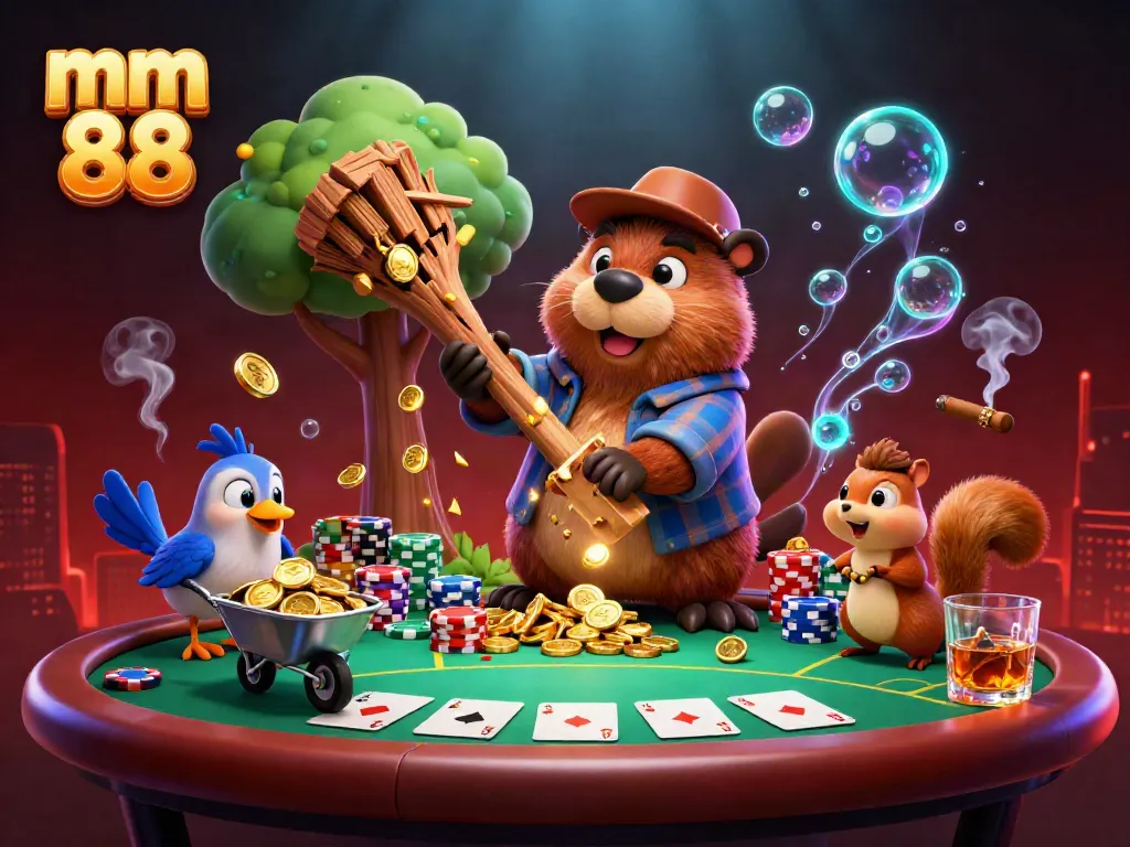 Experience the excitement of mm 88 with a 3D scene featuring a beaver and friends amidst a poker-themed landscape.