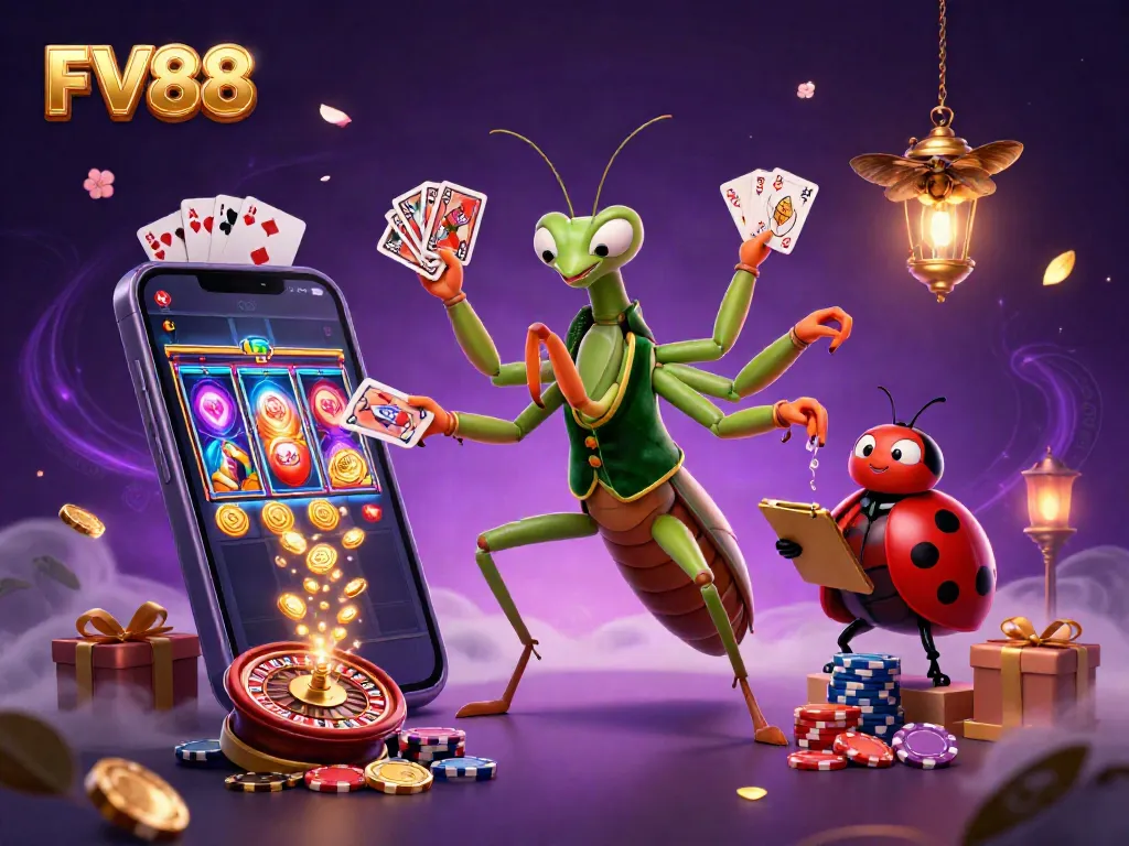 Experience vibrant casino action with FV88, featuring a mantis card sharp, a ladybug pit boss, and dynamic gaming elements.