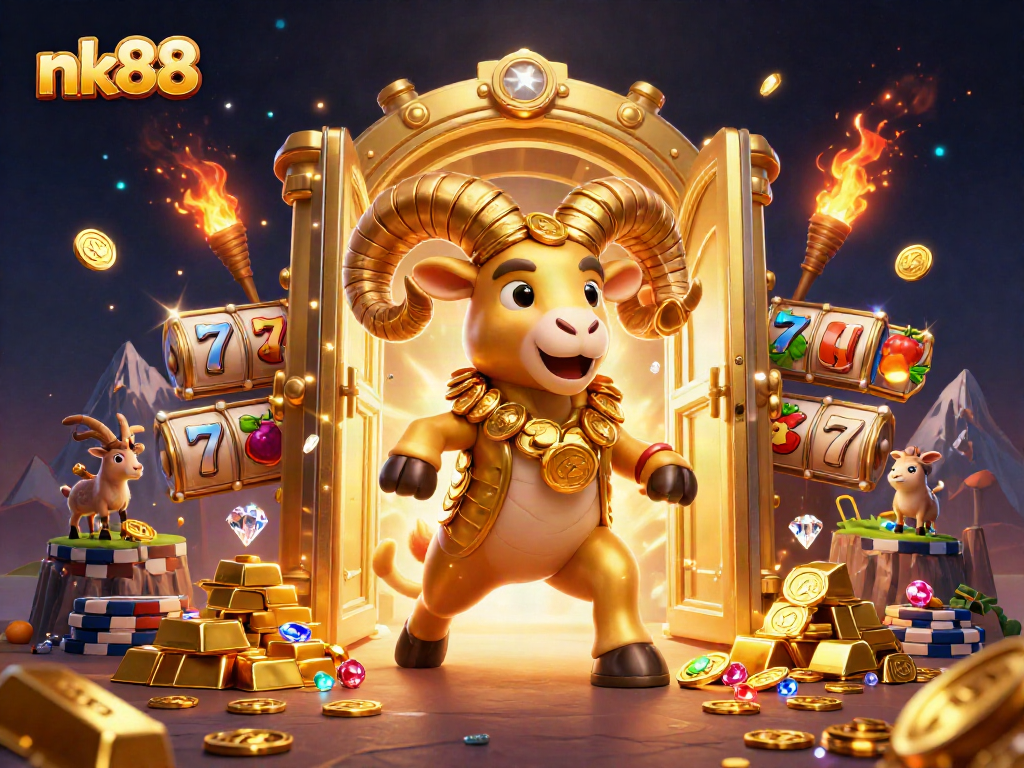 Experience thrilling nk88 jackpots with a golden ram charging through slot reels and treasures.
