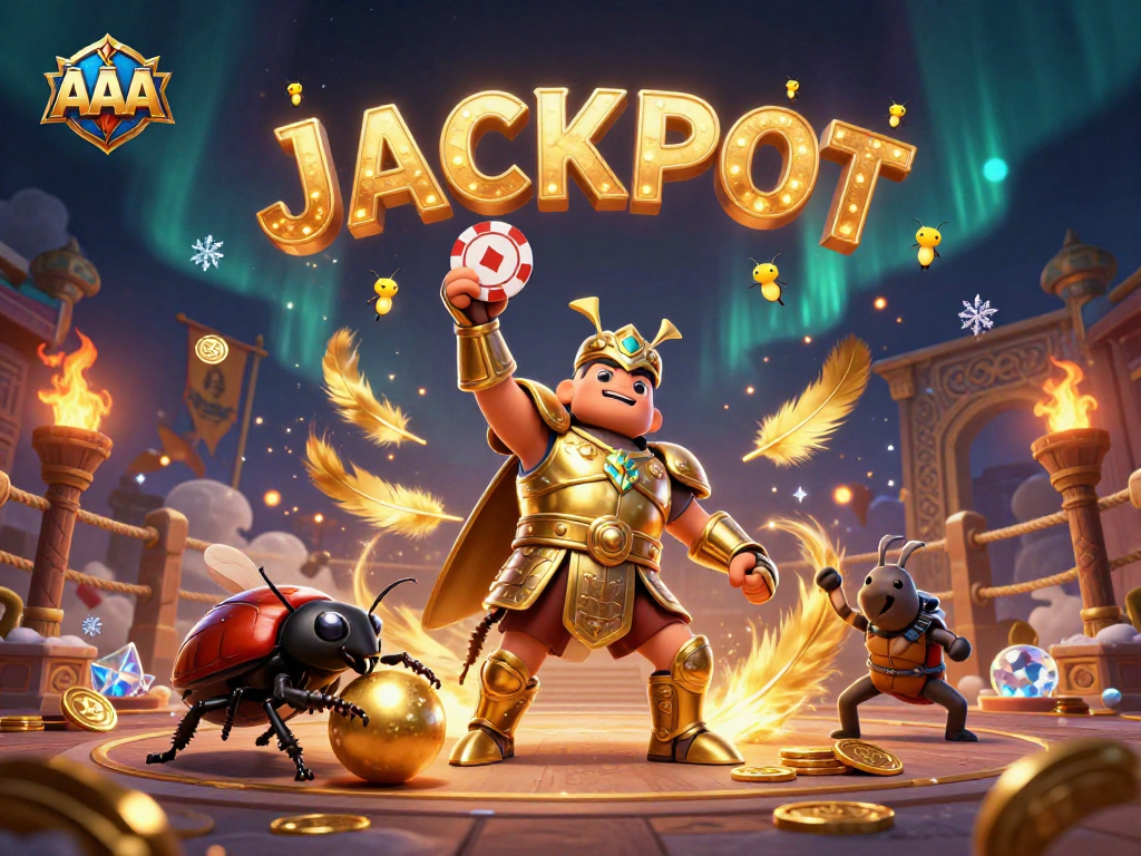 Experience the excitement of a jackpot with 3D beetles showcasing their poker victory in a vibrant casino scene.