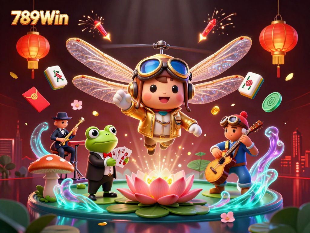 Experience thrilling gaming opportunities at 789Win with dragonfly pilots, croupiers, and vibrant casino elements.