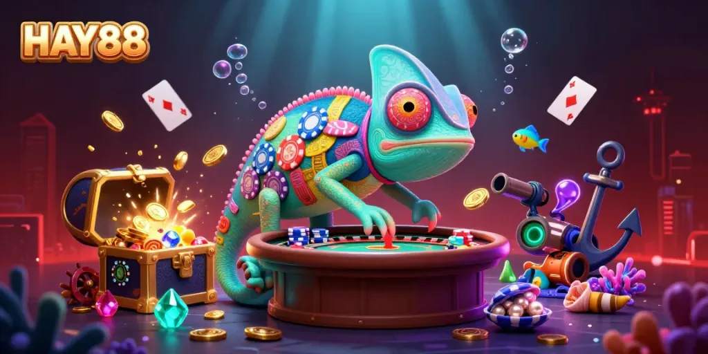 Experience exciting games at HAY88, a vibrant casino scene featuring colorful chameleon characters and treasure.