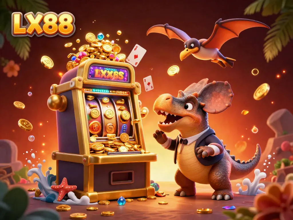 LX88 casino scene featuring a dinosaur interacting with a slot machine, evoking excitement.