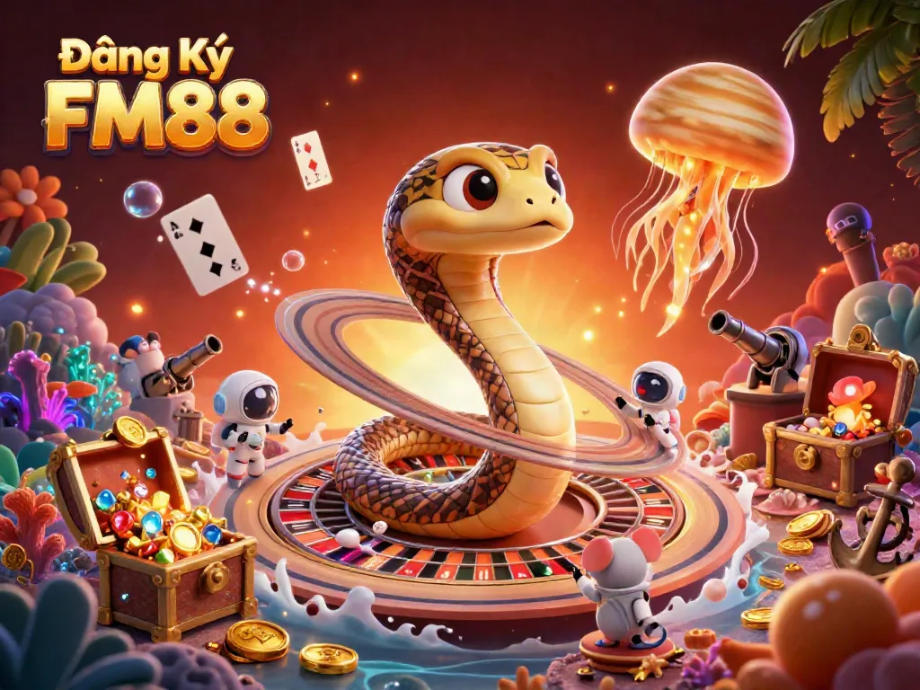 Experience the thrill of betting with Đăng Ký FM88 as astronaut mice wager around a cosmic roulette wheel.