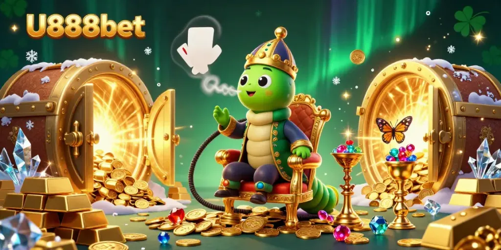Experience U888bet's vibrant world with a cartoon caterpillar master amidst golden treasures