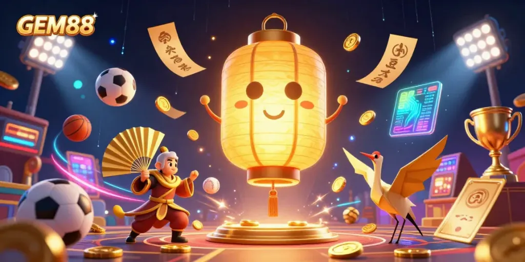 GEM88 showcases an exciting casino scene with a golden lantern spirit and dynamic sports betting elements.
