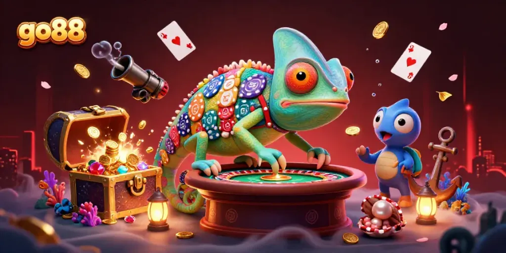 Experience thrills at go88 with the chameleon casino owner surrounded by vibrant gaming elements.