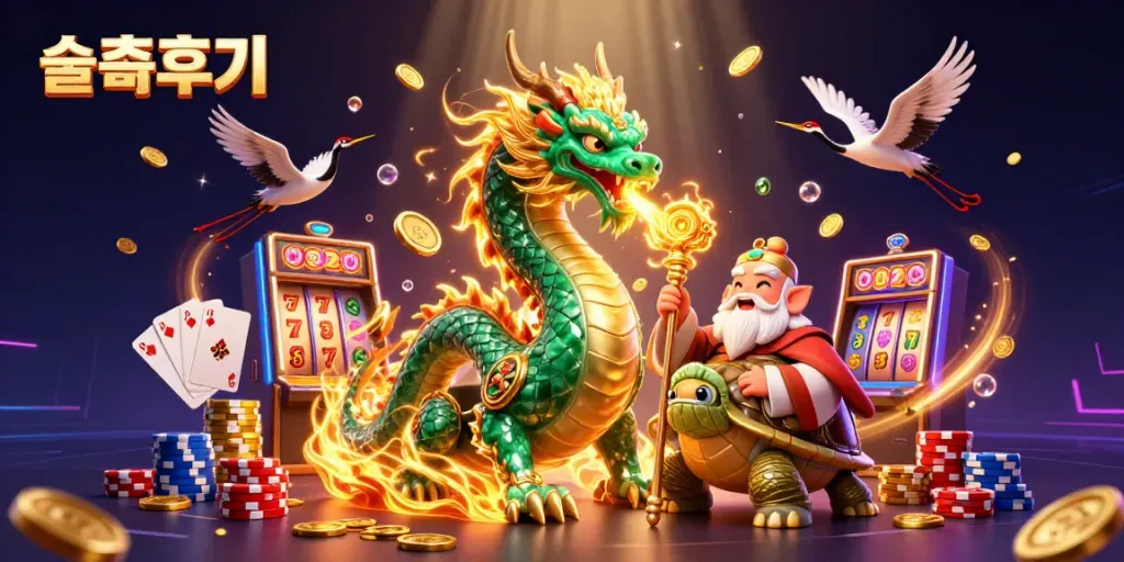 Engage with the stunning 슬롯후기 3D casino scene featuring a jade dragon, turtle sage, and lucky cranes among slot machines.