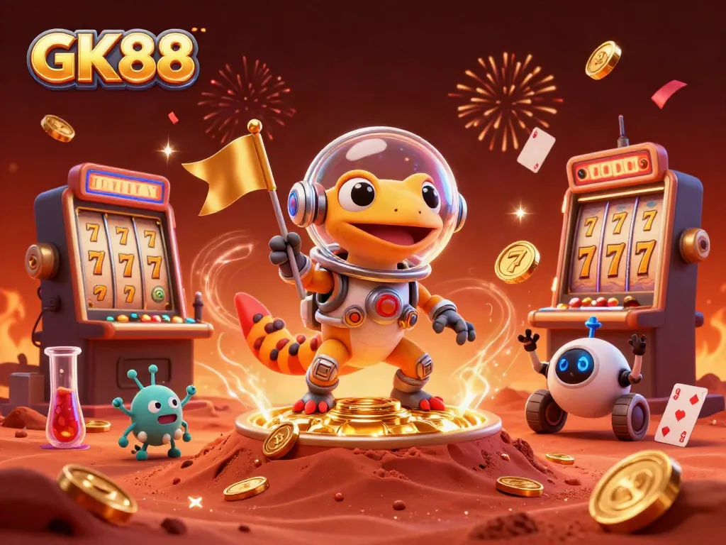Engage with GK88 as a Martian gecko celebrates jackpot wins in a vibrant casino atmosphere.