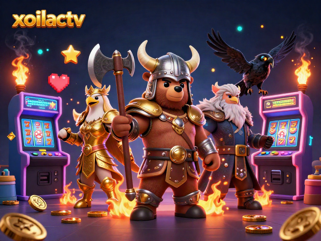 Xoilactv showcases Viking and Valkyrie characters amidst vibrant casino elements, symbolizing gaming excitement.