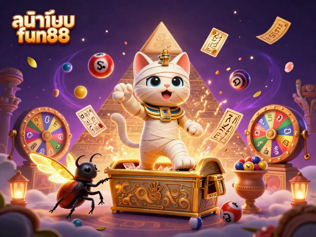 Join the fun at หน้าแรก fun88 with a vibrant casino scene showcasing a mummy cat, golden elements, and dynamic action!