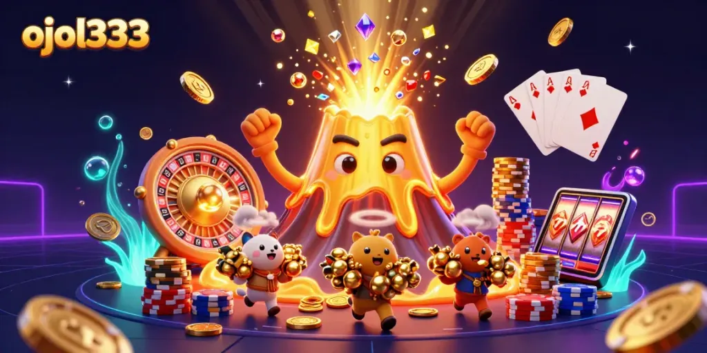Experience thrilling winnings at ojol333 with a vibrant eruption of coins and treasures in a bustling casino scene.