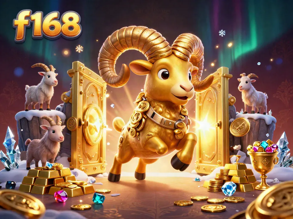 Experience the thrill of f168 gaming with a golden ram and treasure in this vibrant casino scene.