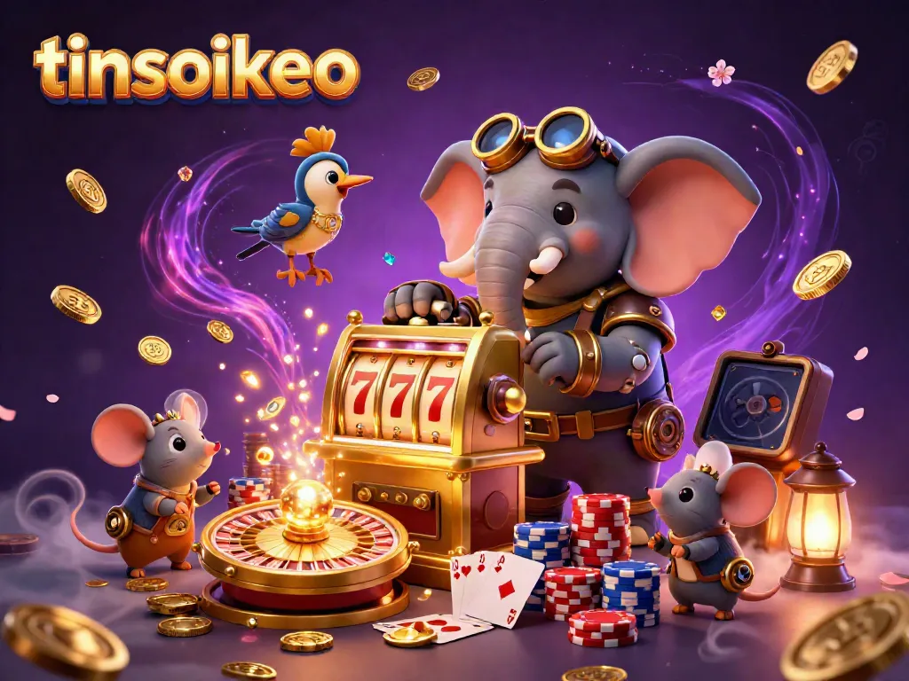Experience exciting gameplay with tinsoikeo at this vibrant steampunk casino scene featuring a golden slot machine.
