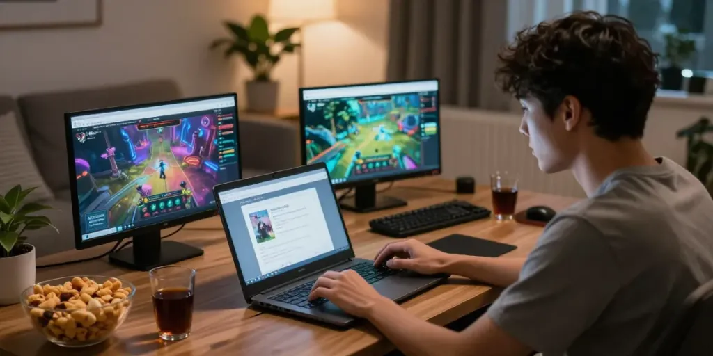 Dewatogel player engaged in gaming in a cozy living room with snacks and plant, showcasing excitement.