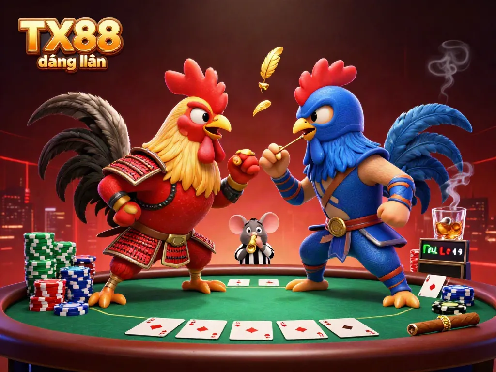 Experience the thrill of TX88 đăng nhập with epic roosters at a poker showdown amidst vibrant casino elements.