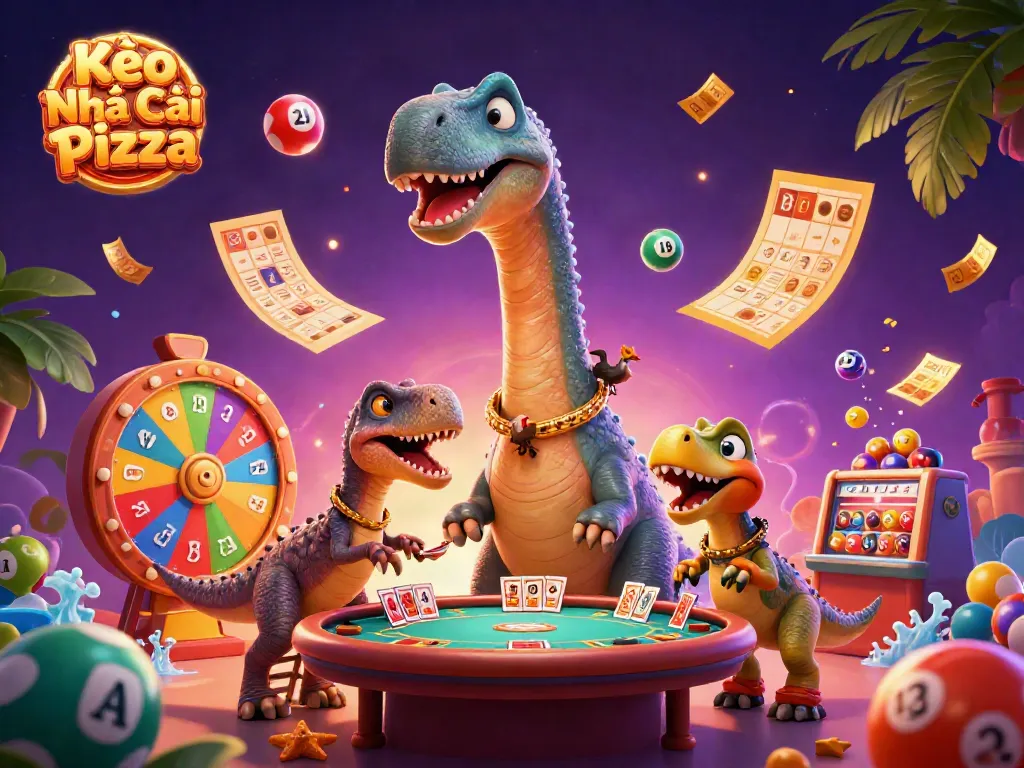 Kèo Nhà Cái Pizza showcases a dynamic casino scene featuring animated characters and vibrant gambling elements.