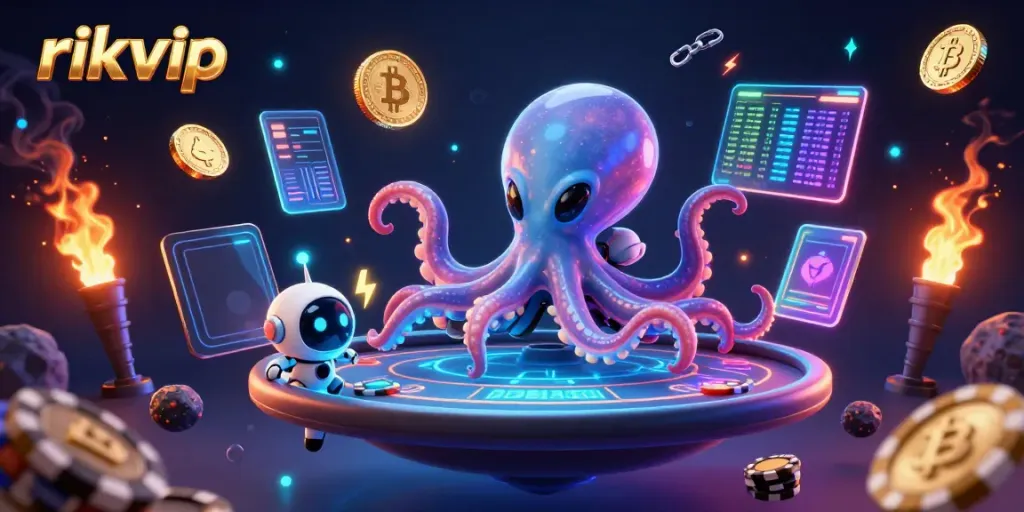 Engage with rikvip at this vibrant alien poker scene filled with holographic elements and crypto coins.