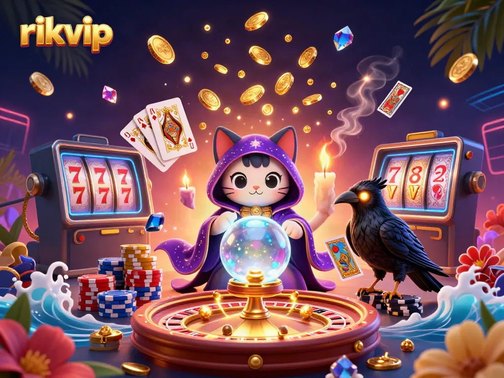 An illustration of rikvip's vibrant casino scene featuring a mystic cat, glowing raven, and engaging game elements.