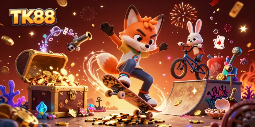 Experience thrilling adventures in TK88 casino with vibrant graphics and energetic characters.