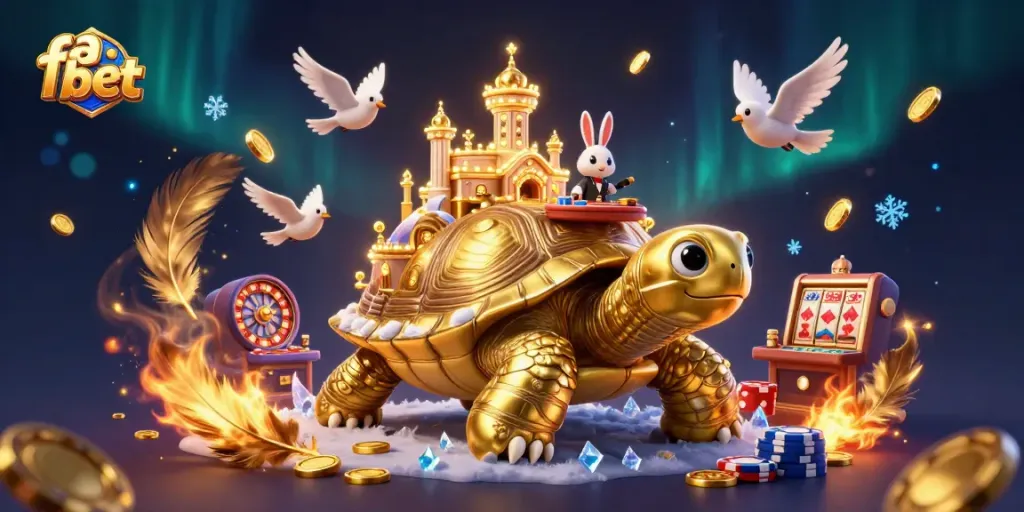 Experience the excitement of fa bet with a whimsical casino scene featuring a golden tortoise and rabbit dealer.